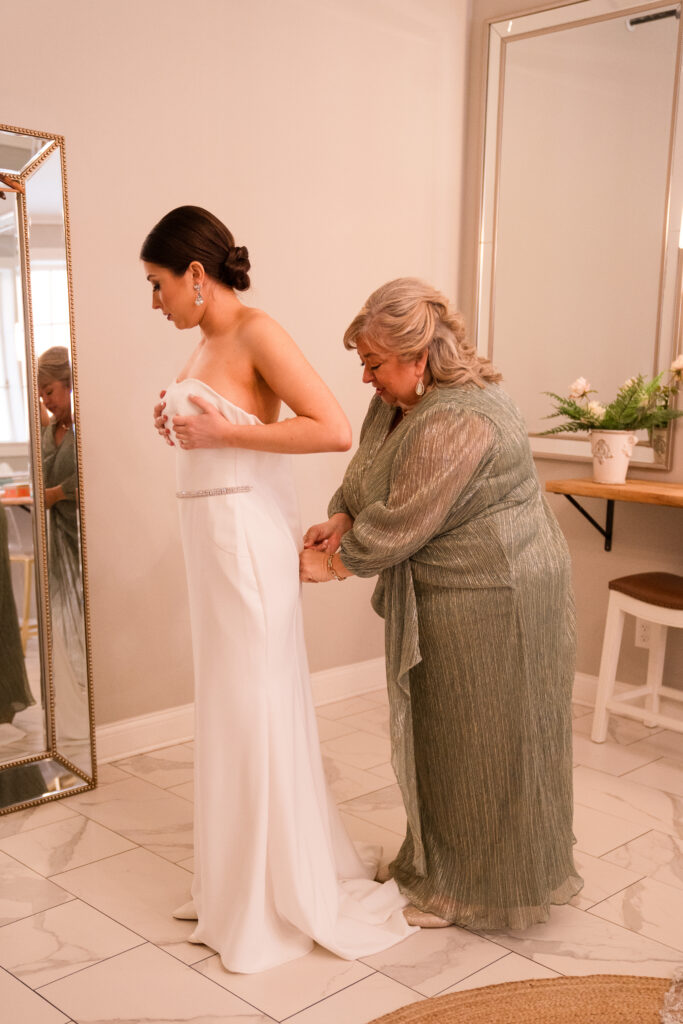 Spring Wedding Bride Getting in Dress