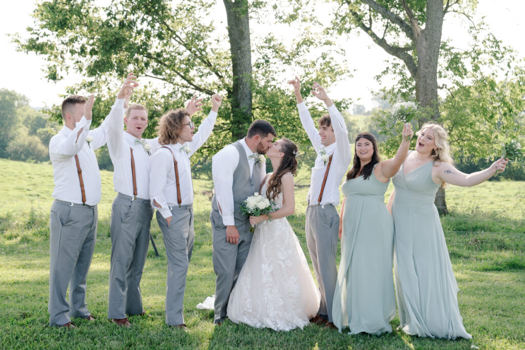 Summer Wedding bride, groom, and bridal party 