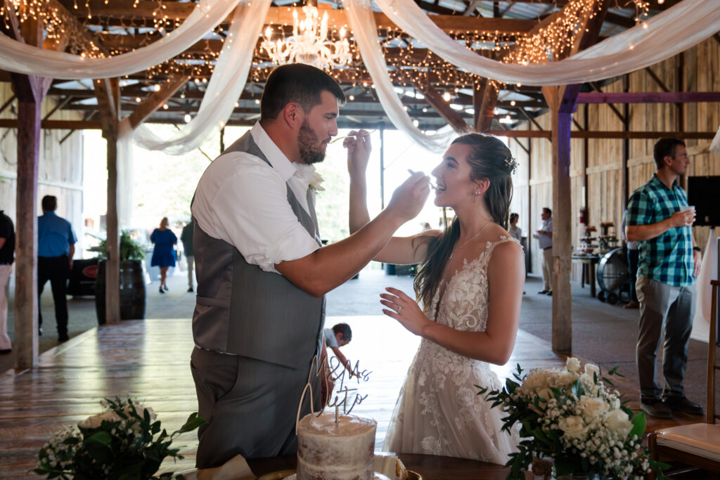 bride and groom cutting the wedding cake