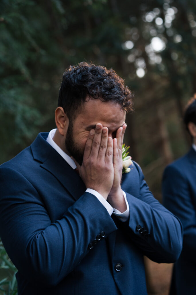 Intimate Backyard Ceremony Groom Reaction